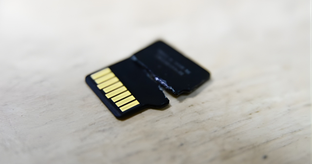 物理的に破損して真っ二つに割れたmicroSDカード。データ復旧が不可能な故障事例。
