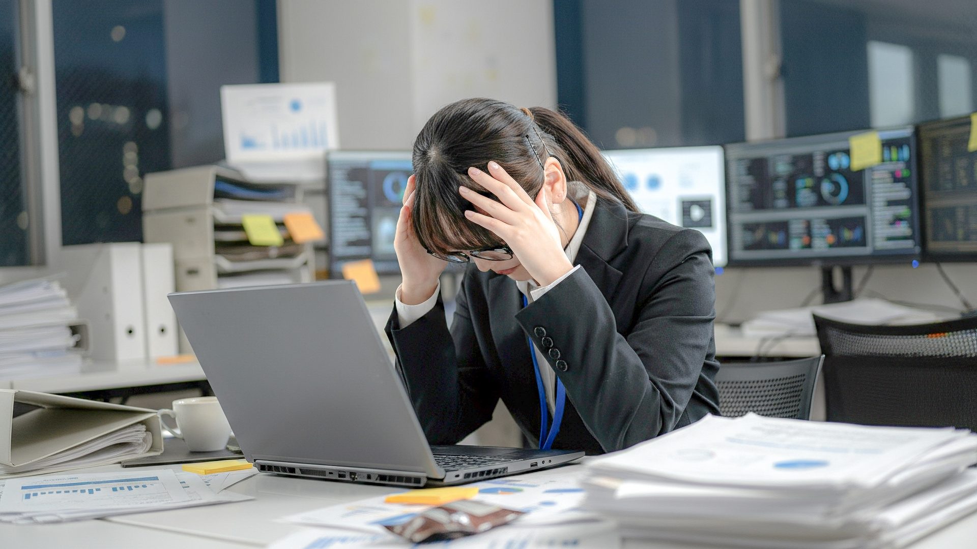 パソコン画面が真っ暗になり、データ復旧やPCトラブルの原因が分からず頭を抱えるビジネスウーマン。