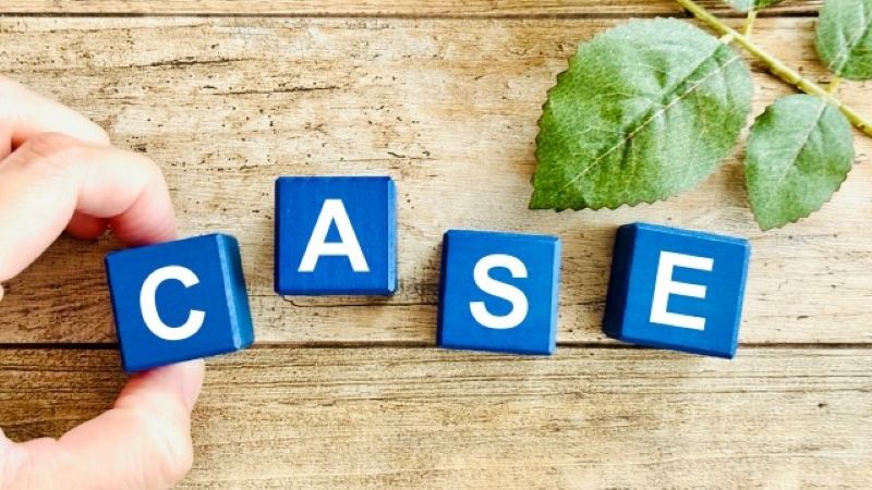 データ復旧業者に依頼するケースを象徴する、木目調の背景に並んだ「CASE」のアルファベットブロックと緑の葉。